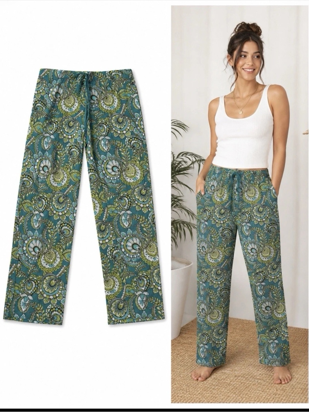NWT Vera Bradley Pajama Pants Retired Peacock Pattern Teal Lime White Paisley LG